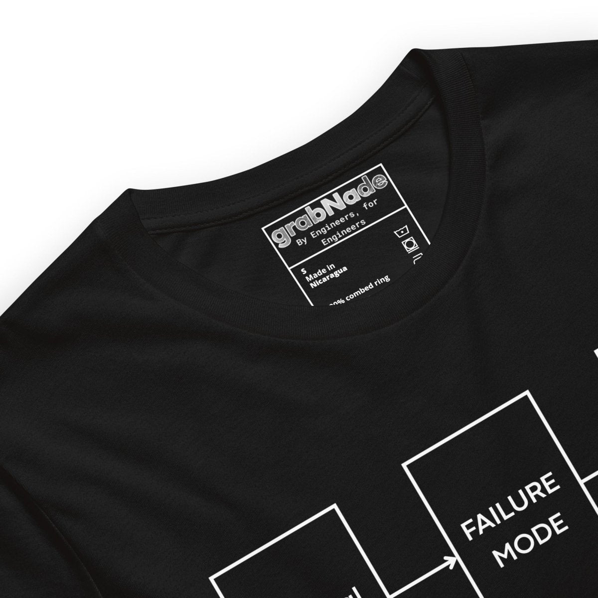 Close up of black t-shirt featuring failure mode flowchart ending "ROOT CAUSE: ELIMINATED ✓".