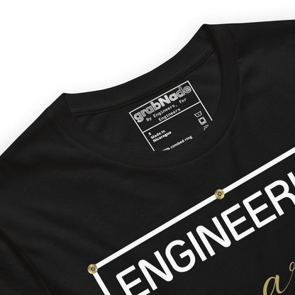 Close up of black minimalist t-shirt featuring "ENGINEERING IS ART" technical typography design.