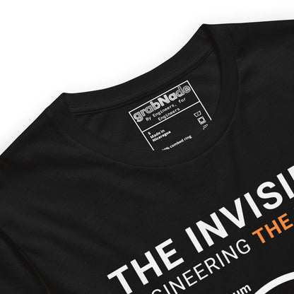 Close up of black t-shirt "Engineering the Micron" scale graphic: hair 75µm to 1µm for eng & machinists.