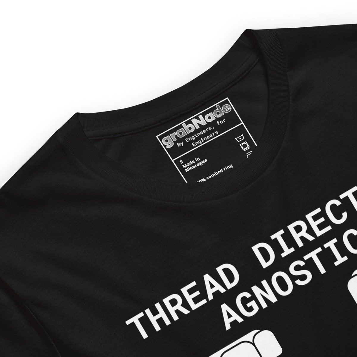 Close up of black t-shirt "Thread Direction Agnostic" M10x1.5 LH vs RH bolts same torque for mechanical engineers.