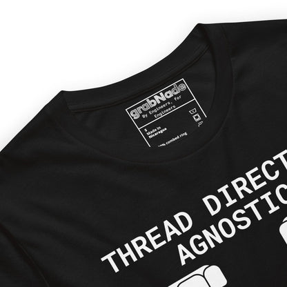 Close up of black t-shirt "Thread Direction Agnostic" M10x1.5 LH vs RH bolts same torque for mechanical engineers.