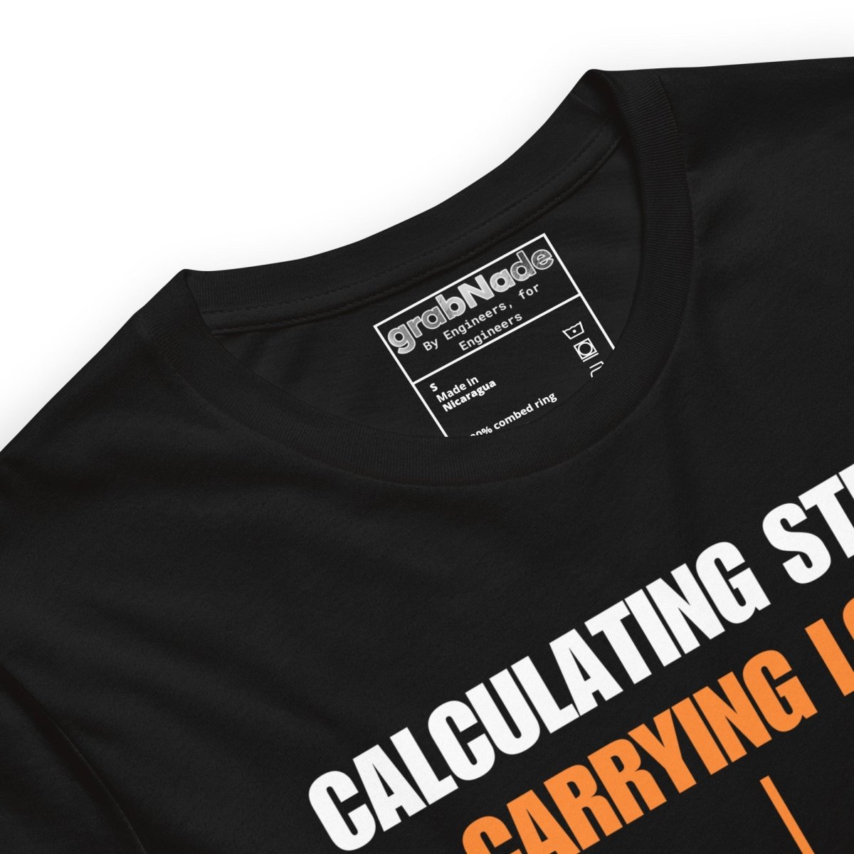 Close up of black t-shirt “Calculating Stress Load” with an arrow and a bent beam for mechanics engineers.