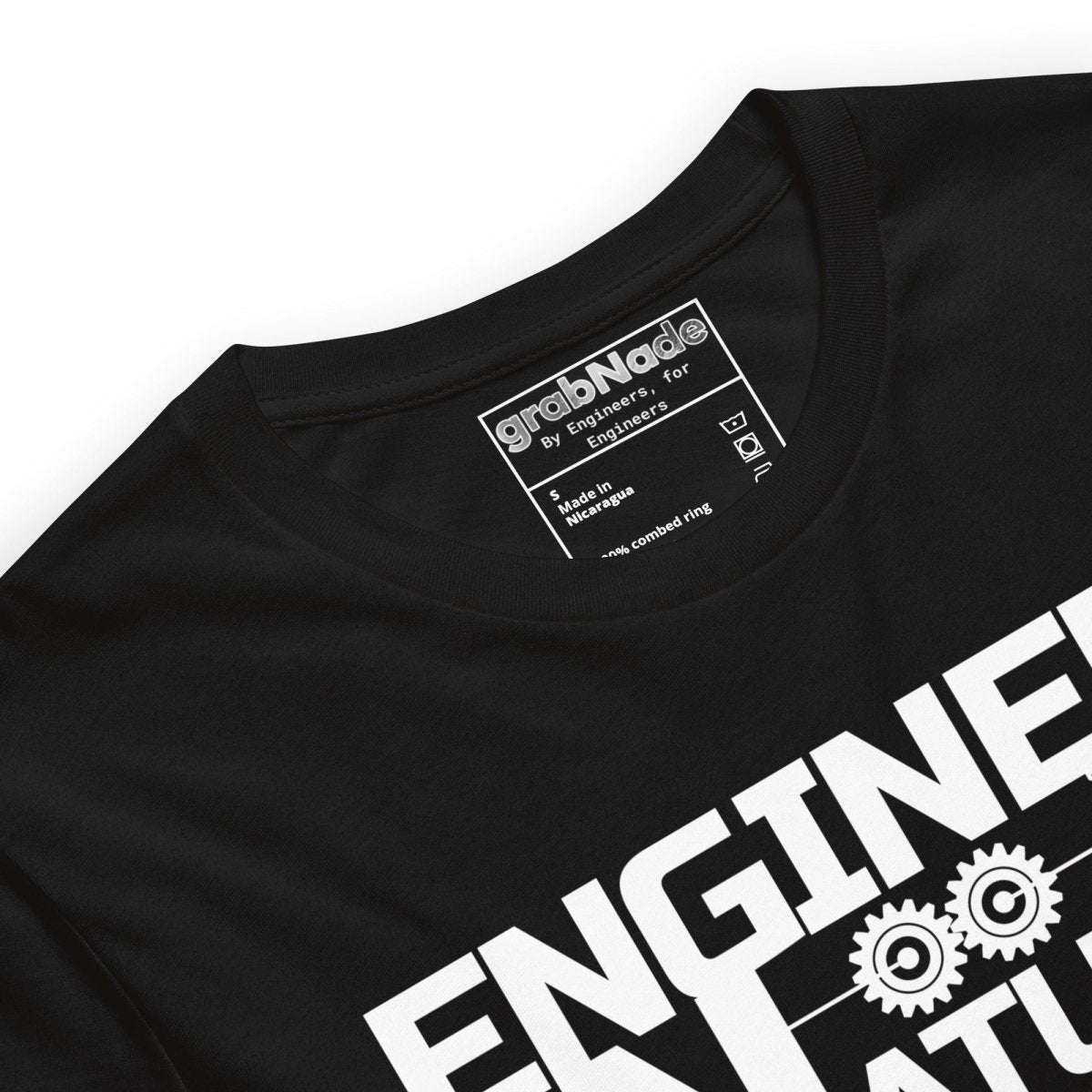 Close up of black t-shirt “Engineer by Nature” with two gears for mechanical engineers.