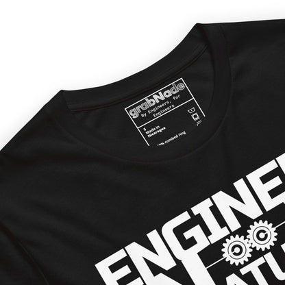 Close up of black t-shirt “Engineer by Nature” with two gears for mechanical engineers.