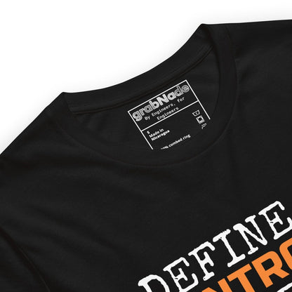 Close up of black t-shirt featuring the text "Define It. Control It. Document It" for QA engineers.