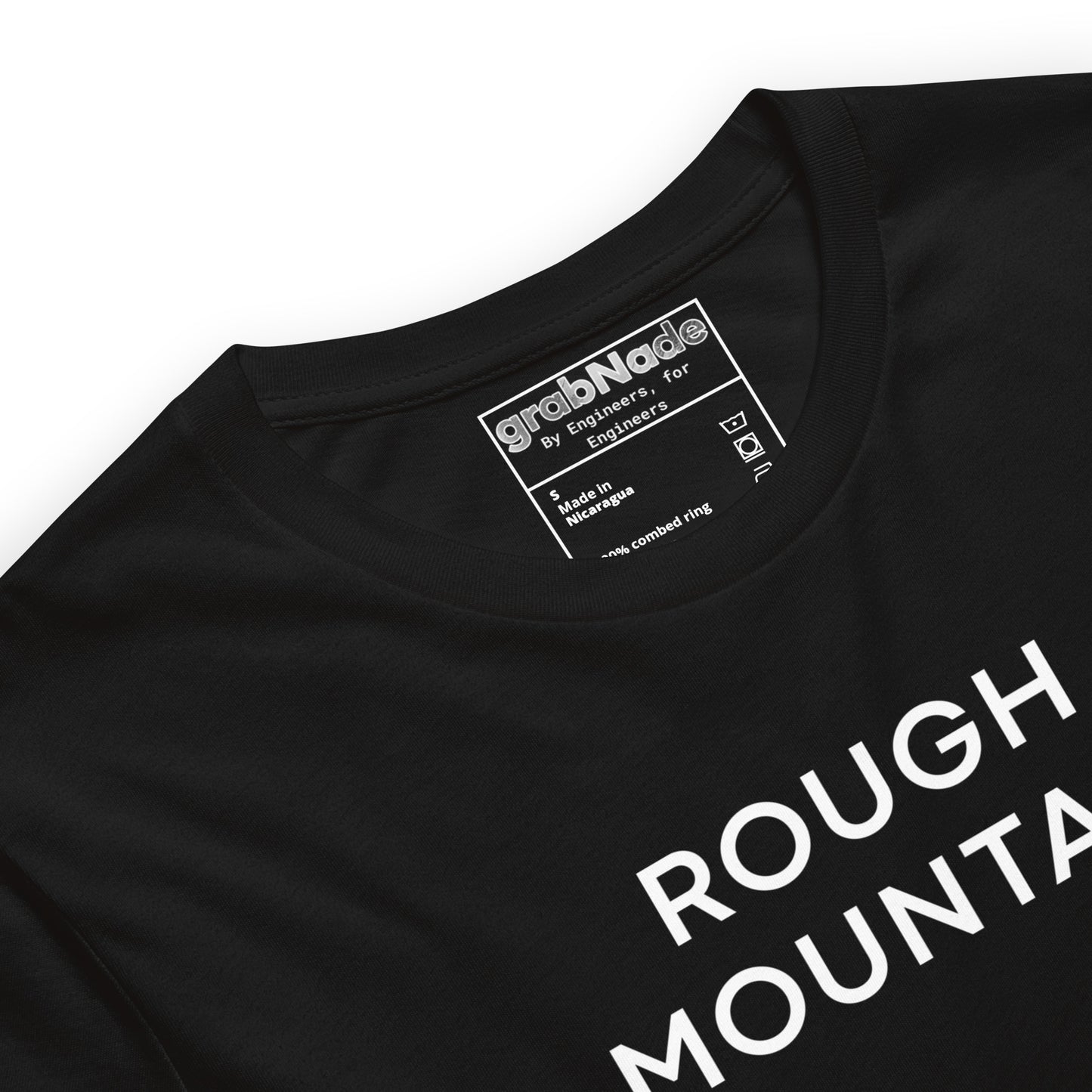 Close up of black tee featuring an Rz 300 surface profile mountain graphic and "Peak to Valley" text.