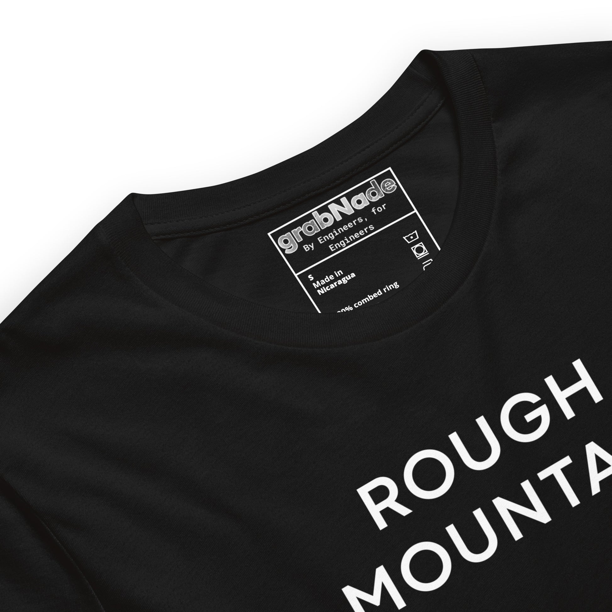 Close up of black tee featuring an Rz 300 surface profile mountain graphic and "Peak to Valley" text.