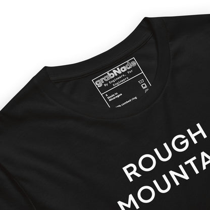 Close up of black tee featuring an Rz 300 surface profile mountain graphic and "Peak to Valley" text.