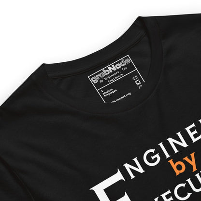 Close up of black premium Combed ring-spun cotton tee with “Engineer by Execution” text.