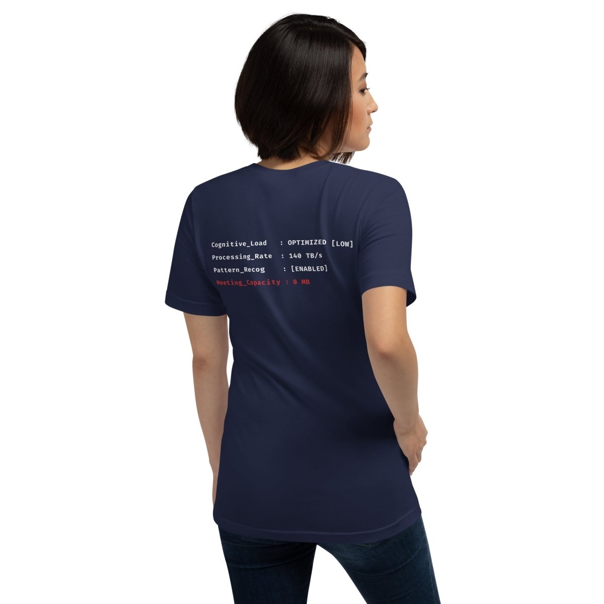 Back woman in navy t-shirt front "> System_Ready" back diagnostic screen with "Meeting_Capacity: 0 MB".