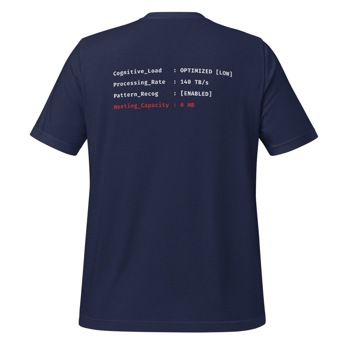 Navy t-shirt front "> System_Ready" back diagnostic screen with "Meeting_Capacity: 0 MB".