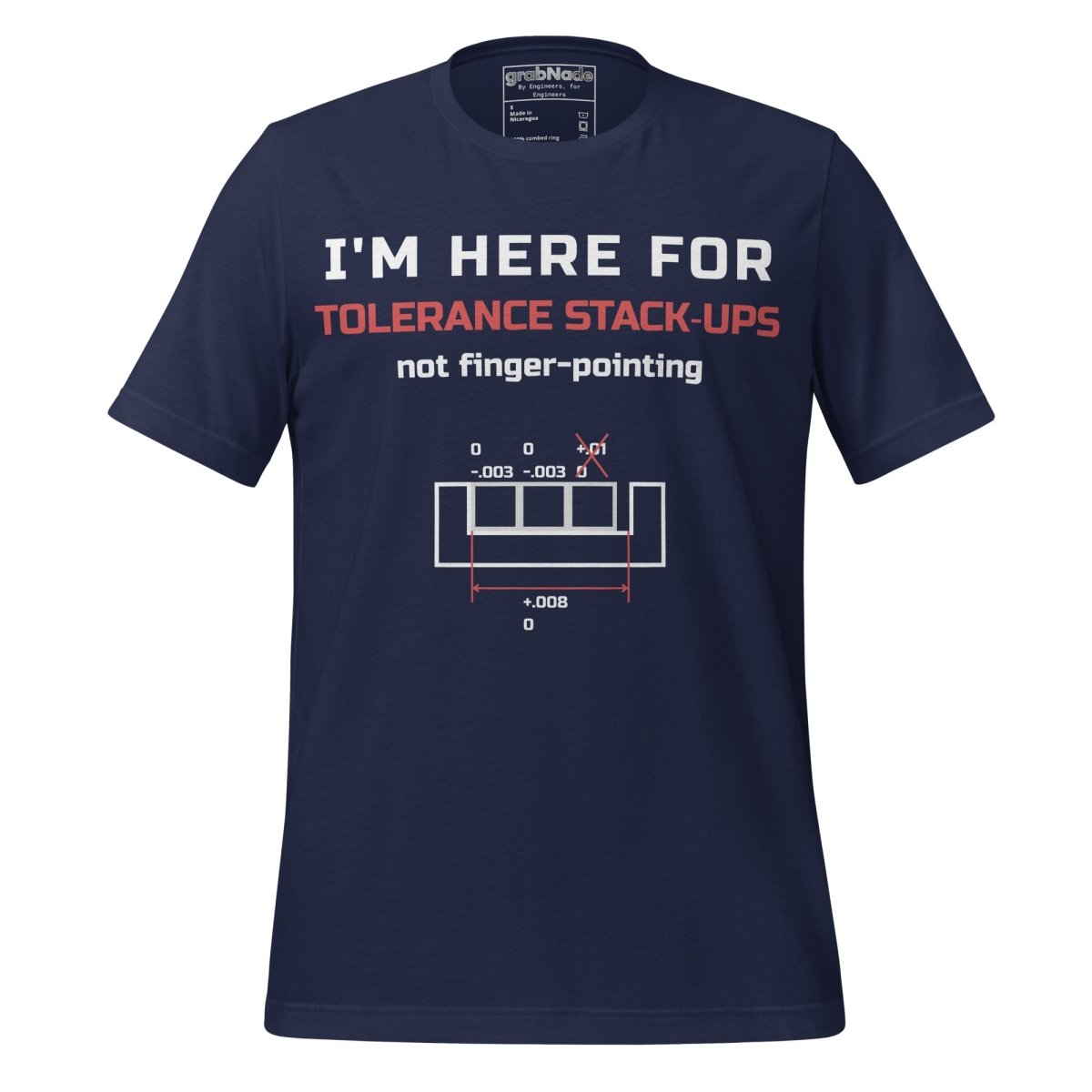 Navy premium t-shirt featuring tolerance stack-ups with orange and white typography. For manufacturing and mechanical engineers