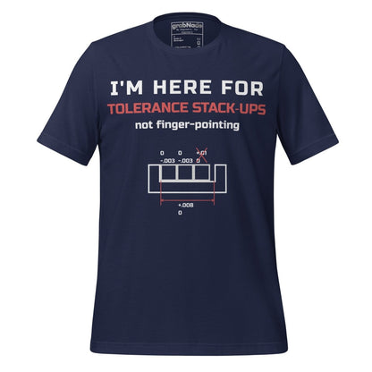 Navy premium t-shirt featuring tolerance stack-ups with orange and white typography. For manufacturing and mechanical engineers