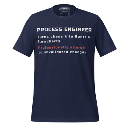 Navy t-shirt with "Process Engineer. Turns chaos into Gantt & flowcharts" definition text.