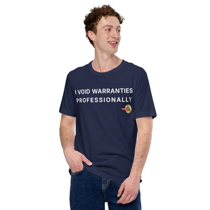 Man in navy t-shirt featuring "I Void Warranties Professionally" text for R&D engineers.