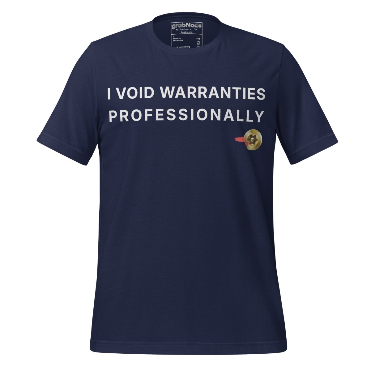 Navy t-shirt featuring "I Void Warranties Professionally" text for R&D engineers.
