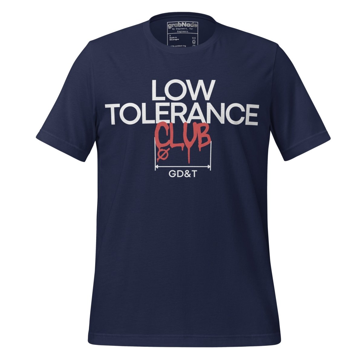 Navy t-shirt with "LOW TOLERANCE CLUB" dripping precision tolerance numbers graphic.