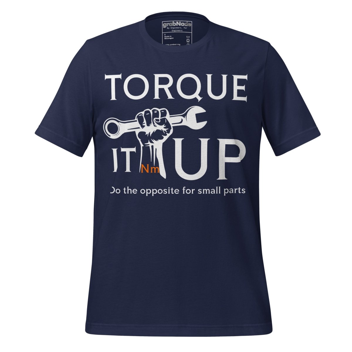 Navy t-shirt "TORQUE IT UP" with small screw overtighten vs big bolt undertighten warning.
