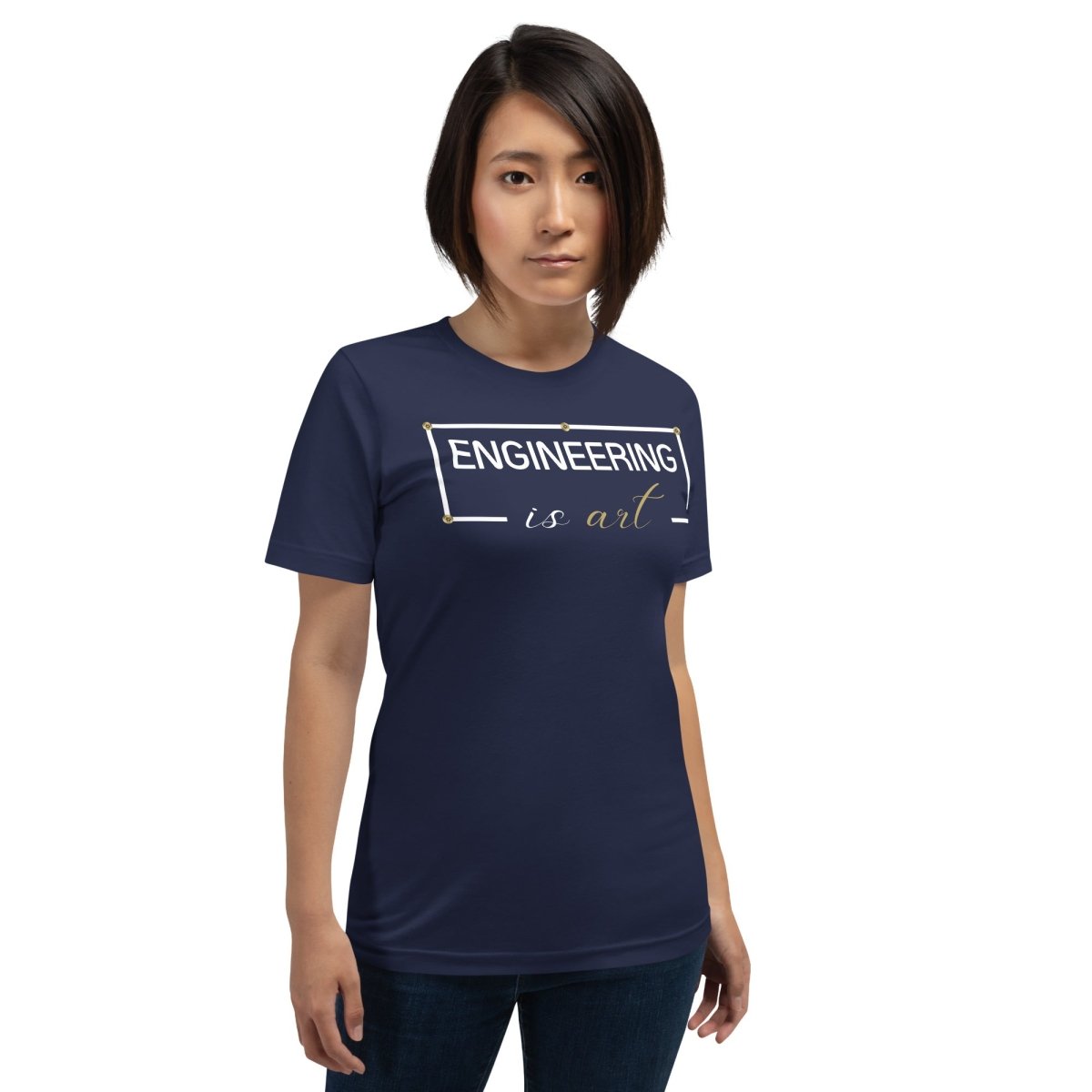 Woman in navy minimalist t-shirt featuring "ENGINEERING IS ART" technical typography design.