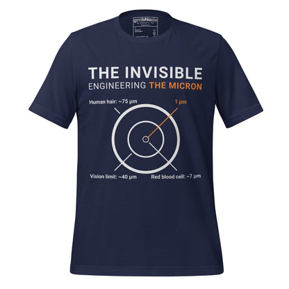 Navy t-shirt "Engineering the Micron" scale graphic: hair 75µm to 1µm for eng & machinists.