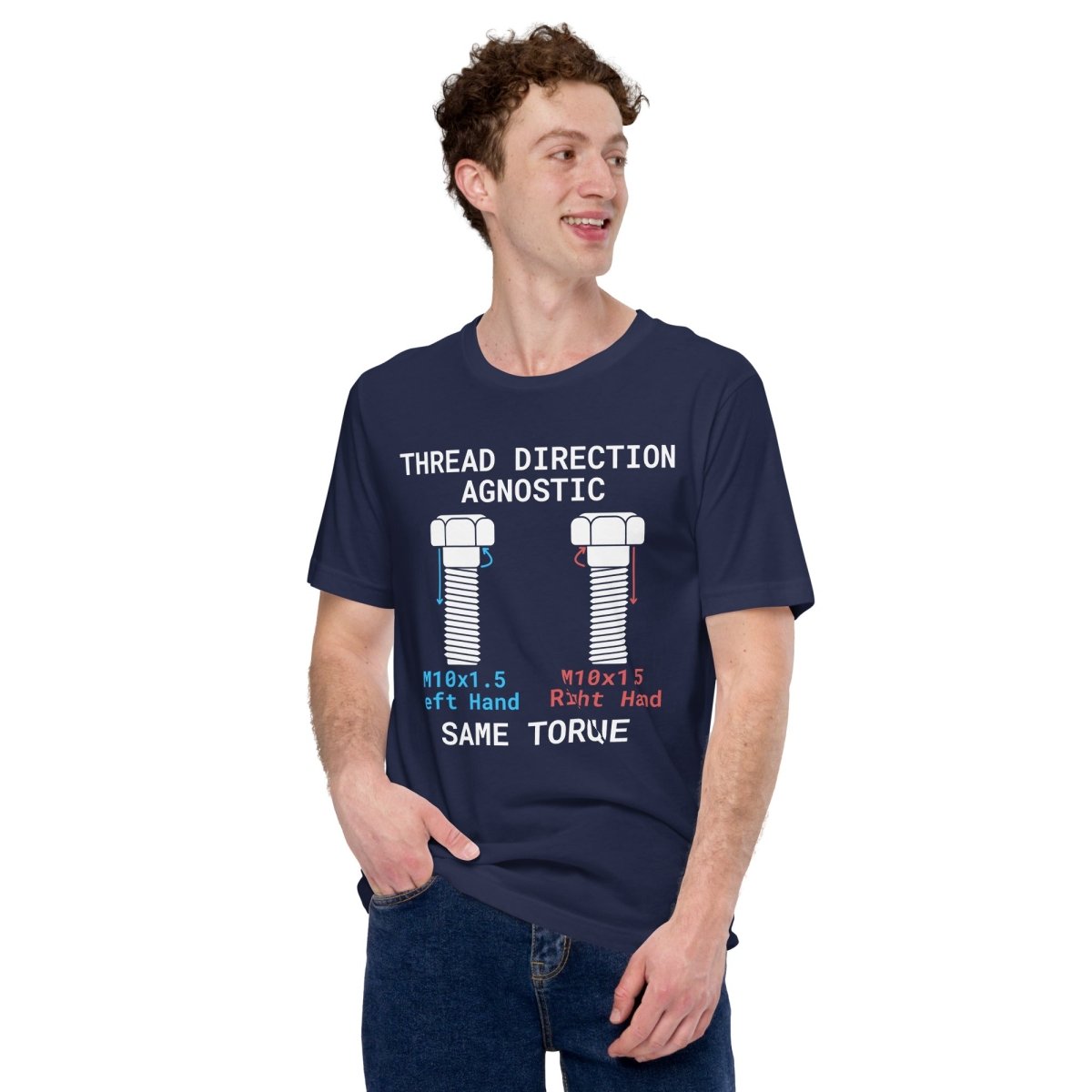 Man in navy t-shirt "Thread Direction Agnostic" M10x1.5 LH vs RH bolts same torque for mechanical engineers.