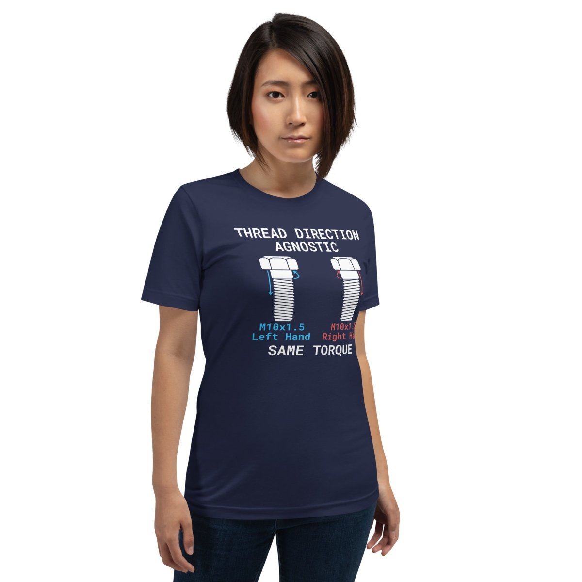 Woman in navy t-shirt "Thread Direction Agnostic" M10x1.5 LH vs RH bolts same torque for mechanical engineers.