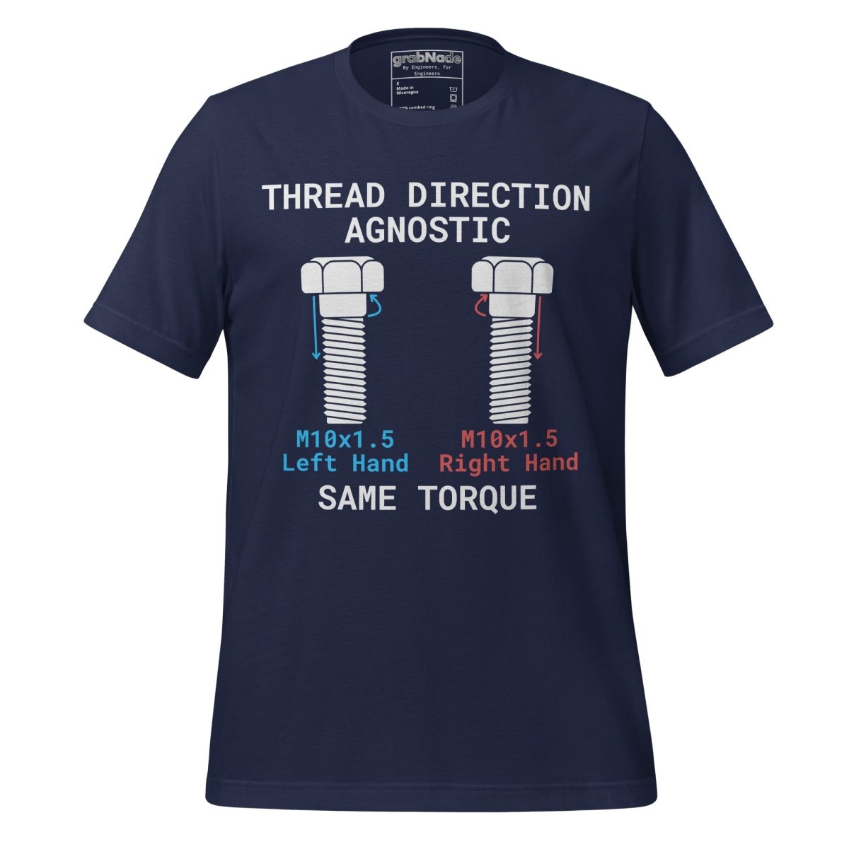 Navy t-shirt "Thread Direction Agnostic" M10x1.5 LH vs RH bolts same torque for mechanical engineers.