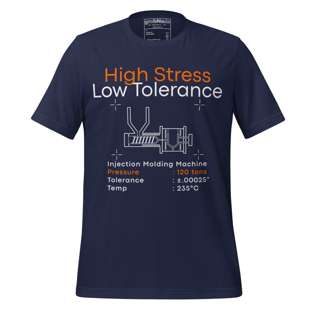 Navy t-shirt. High Stress Low Tolerance injection molding machine with 120 tons, ±0.00025", 235°C.