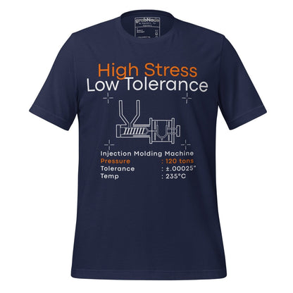 Navy t-shirt. High Stress Low Tolerance injection molding machine with 120 tons, ±0.00025", 235°C.
