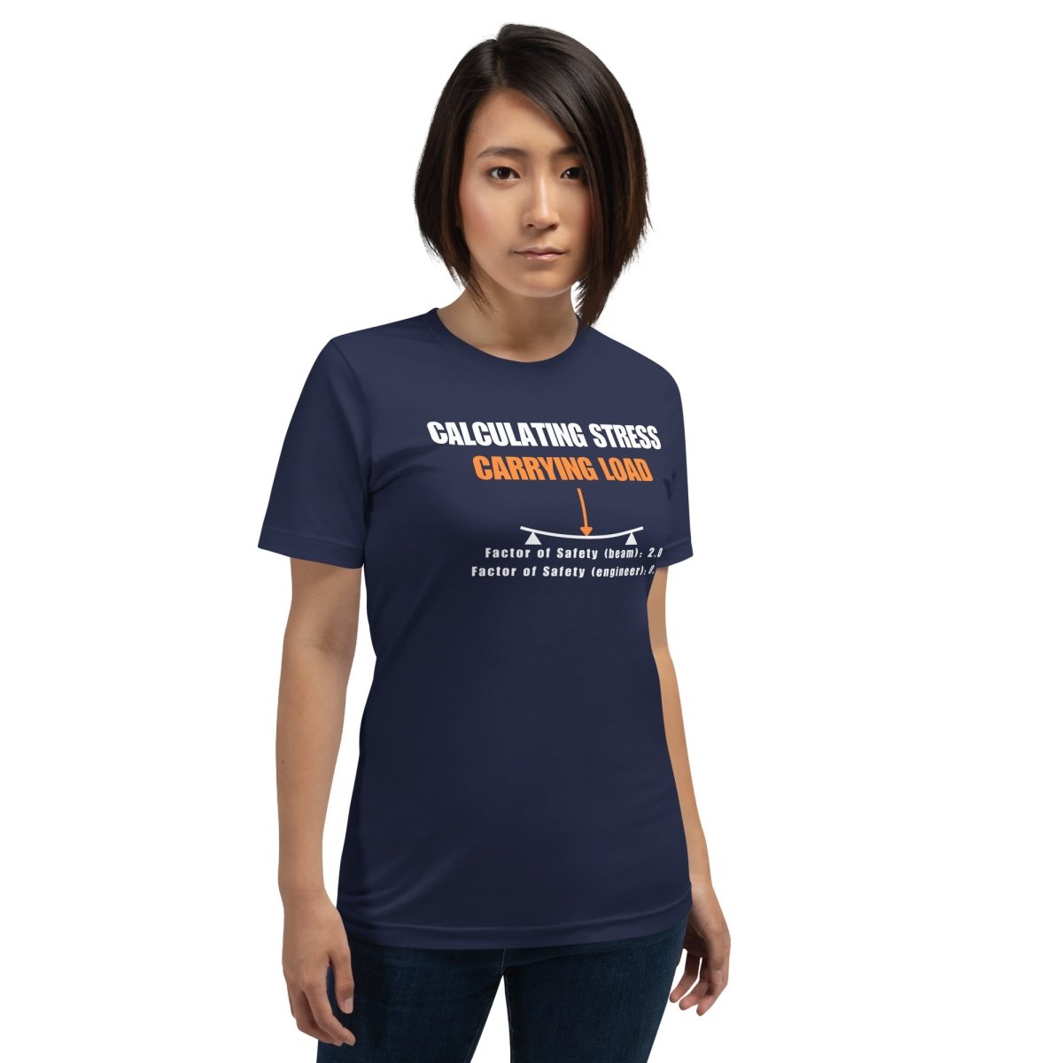 Woman in navy t-shirt “Calculating Stress Load” with an arrow and a bent beam for mechanics engineers.