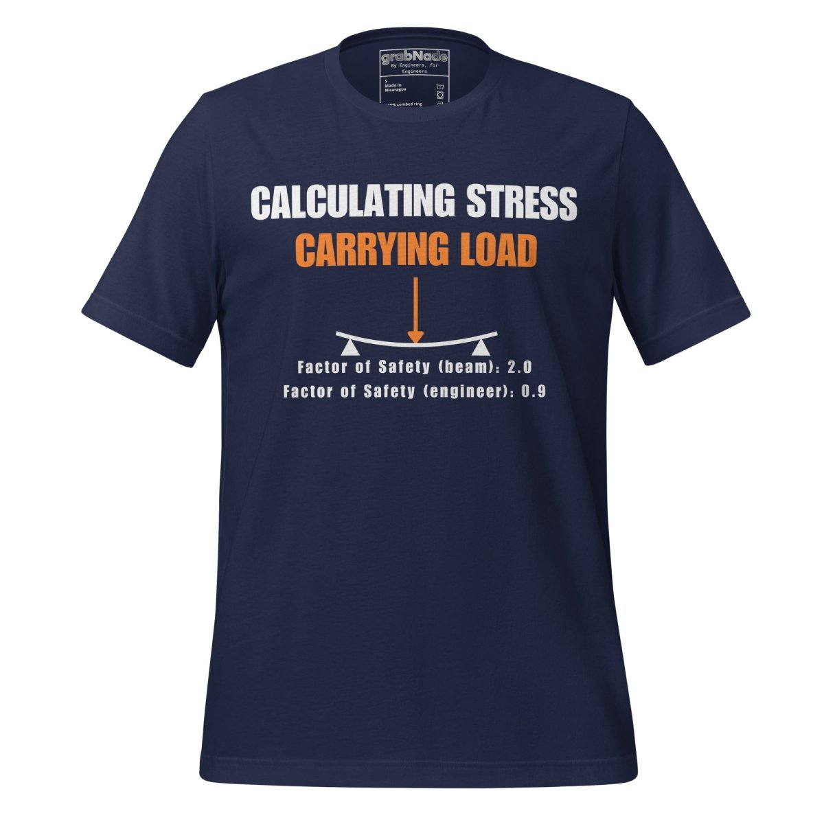 Navy t-shirt “Calculating Stress Load” with an arrow and a bent beam for mechanics engineers.