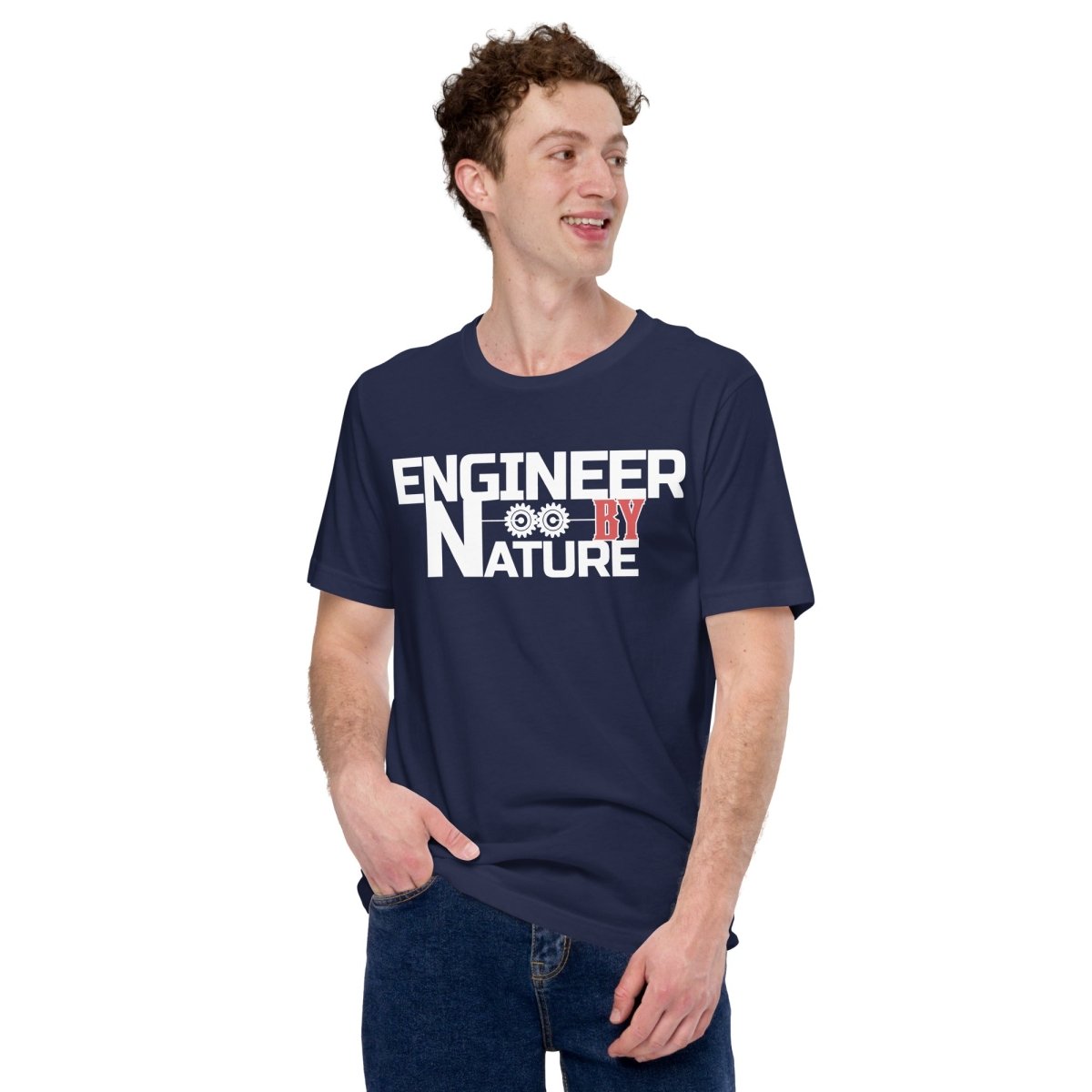 Man in navy t-shirt “Engineer by Nature” with two gears for mechanical engineers.