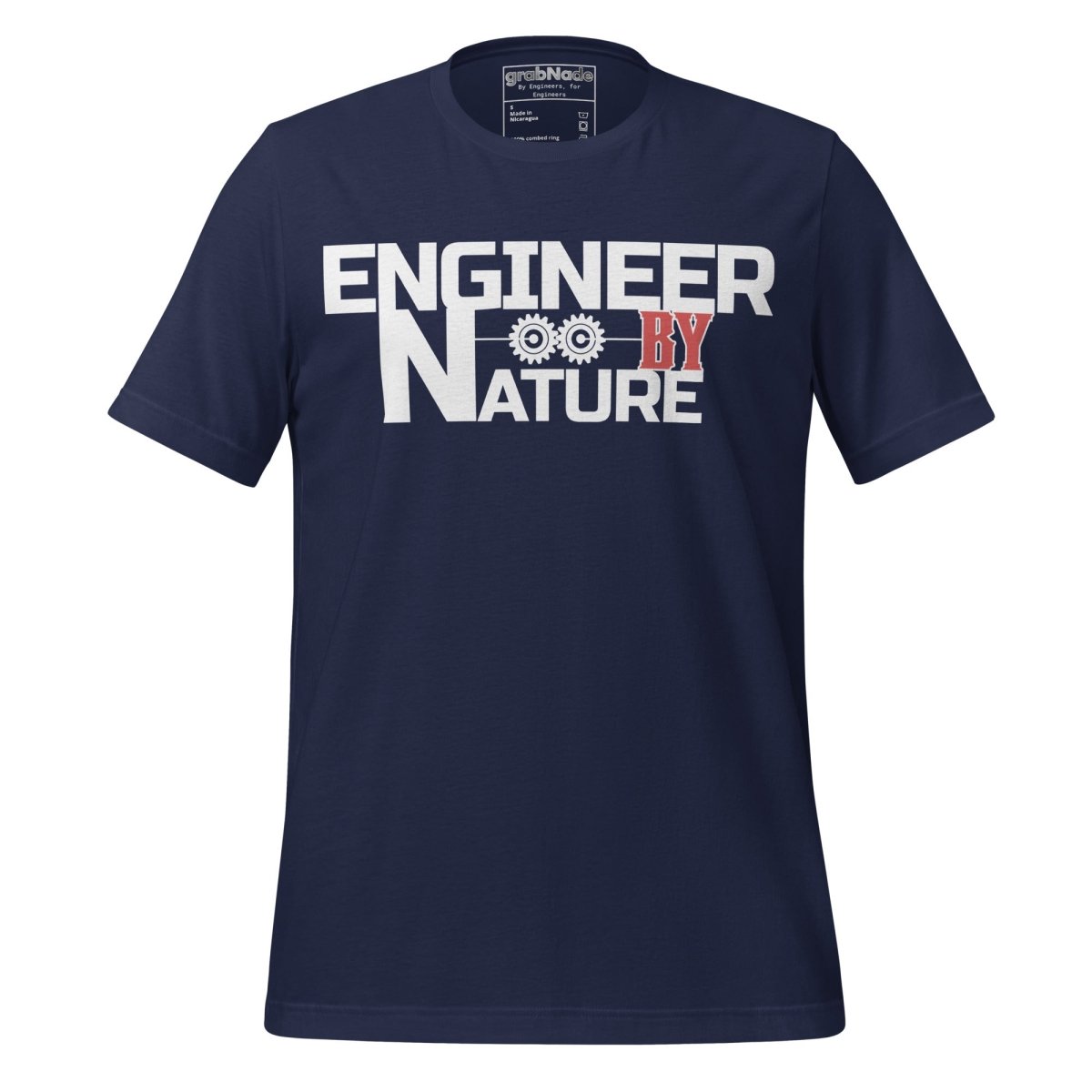 Navy t-shirt “Engineer by Nature” with two gears for mechanical engineers.