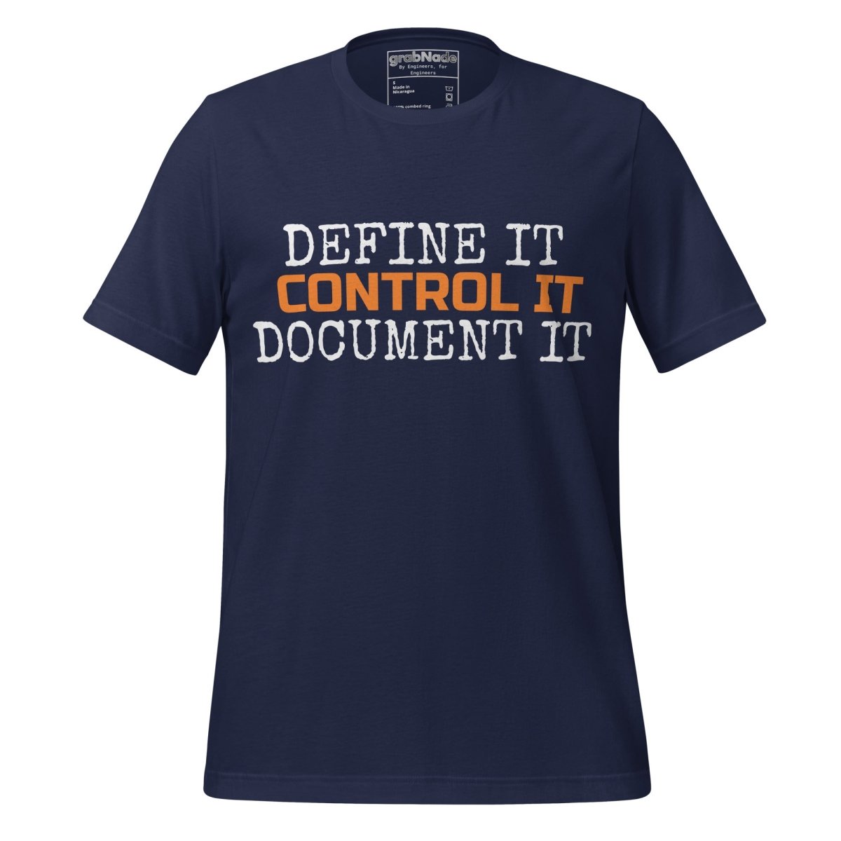 Navy t-shirt featuring the text "Define It. Control It. Document It" for QA engineers.