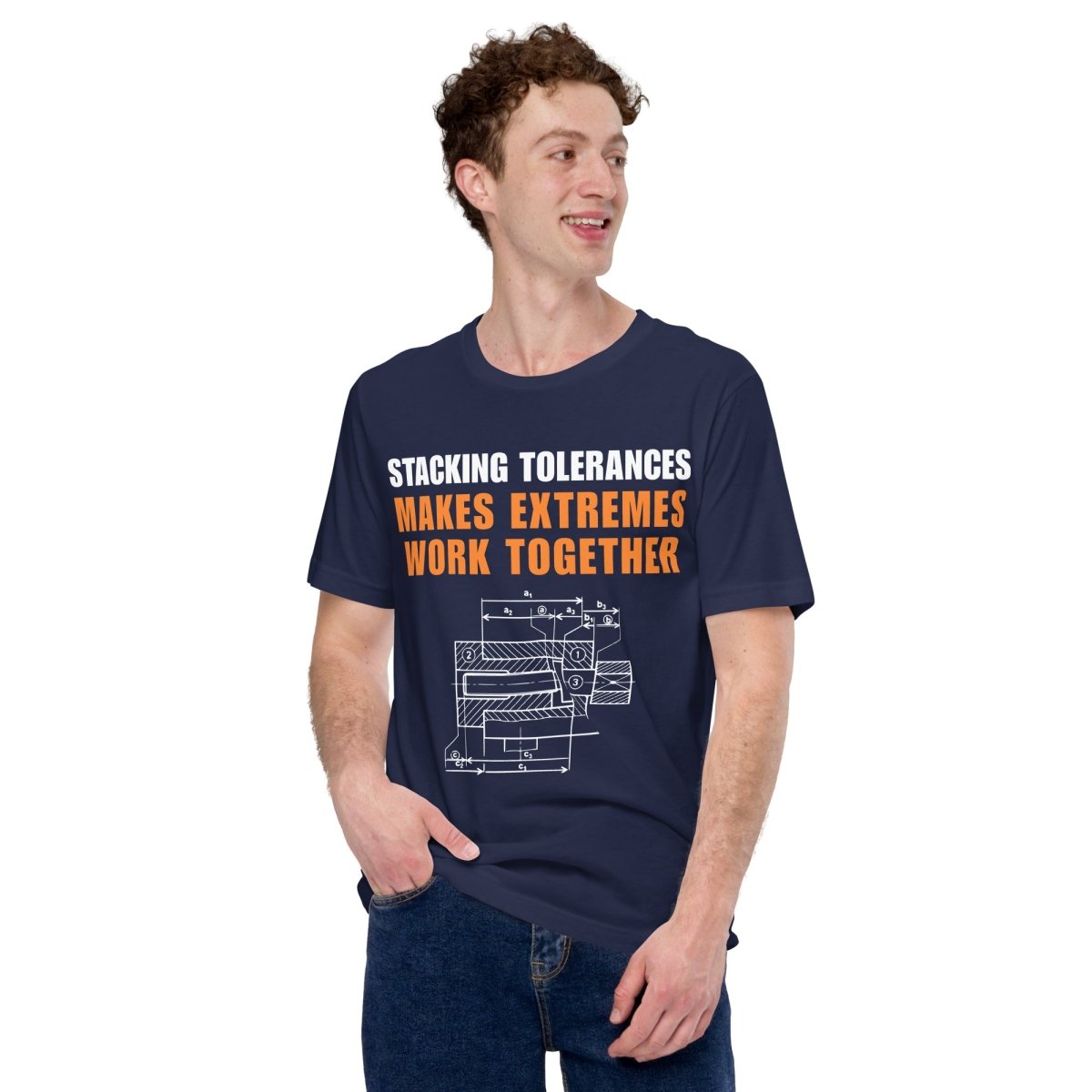 Man in navy t-shirt featuring a CAD blueprint graphic and stacking tolerances text for engineers.