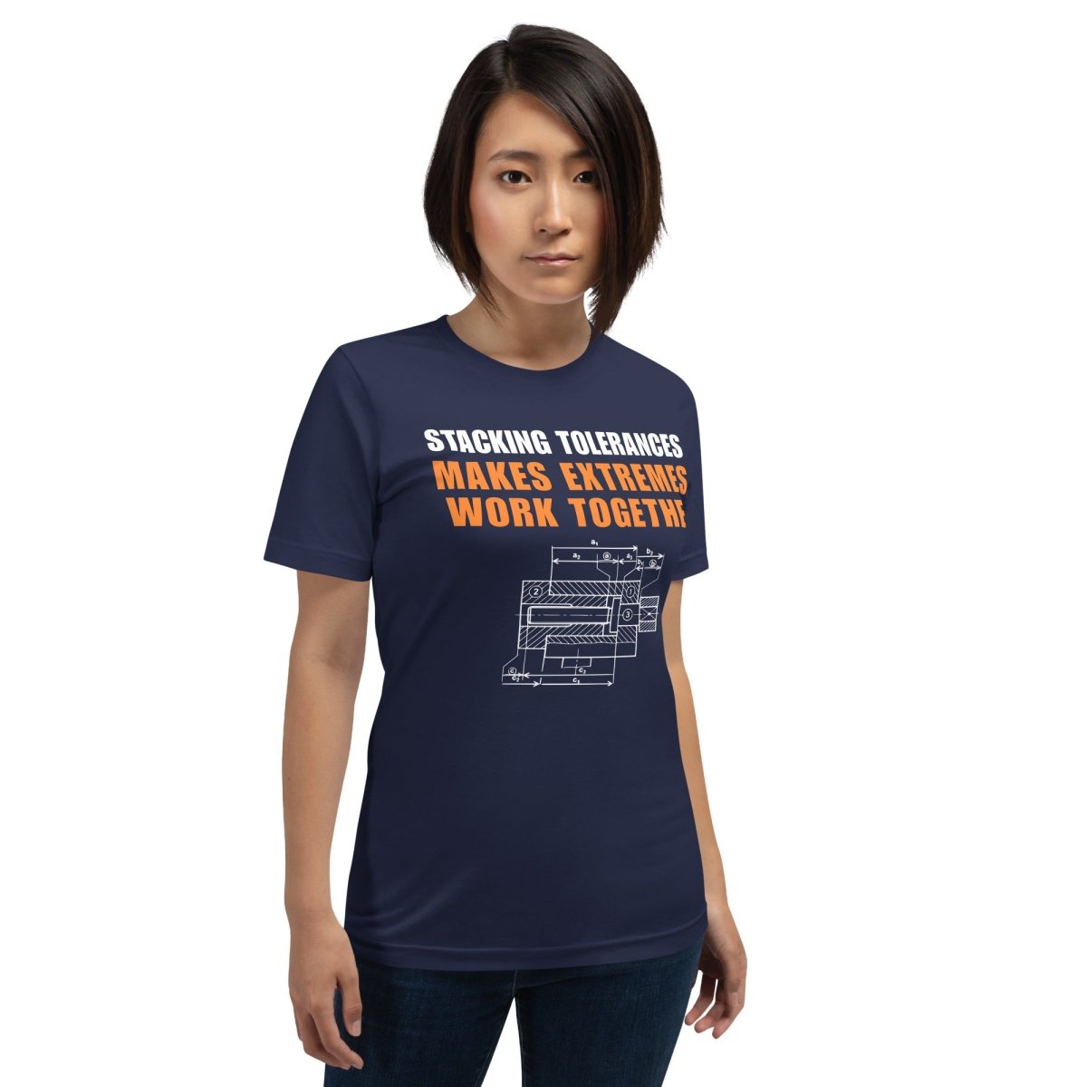 Woman in navy t-shirt featuring a CAD blueprint graphic and stacking tolerances text for engineers.