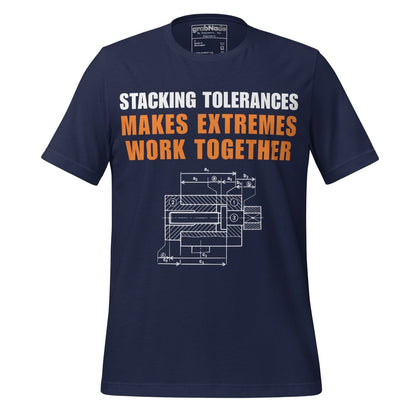 Navy t-shirt featuring a CAD blueprint graphic and stacking tolerances text for engineers.