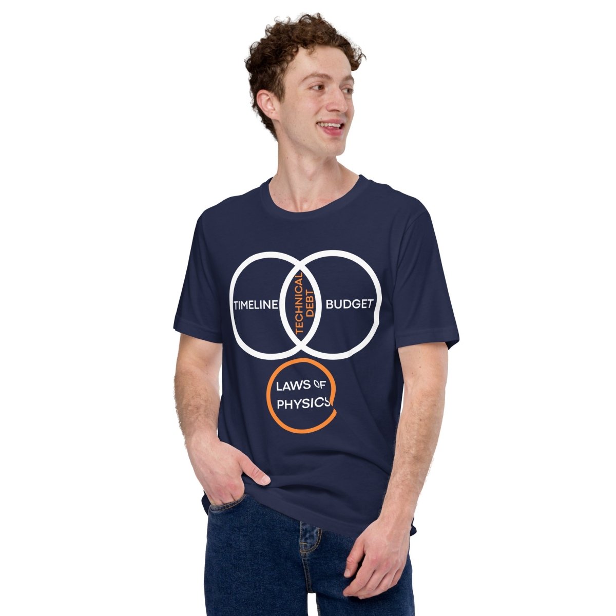 Man in navy t-shirt featuring a project management Venn diagram about technical debt and physics.