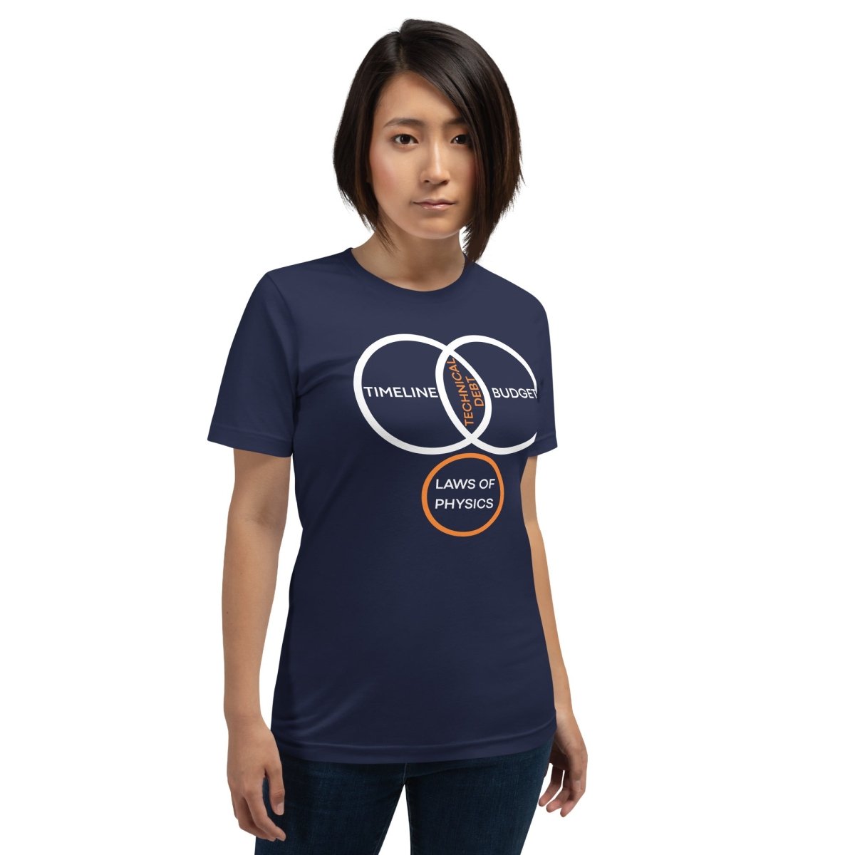 Woman in navy t-shirt featuring a project management Venn diagram about technical debt and physics.