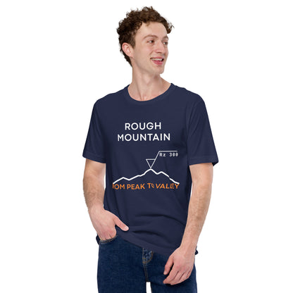 Man in navy tee featuring an Rz 300 surface profile mountain graphic and "Peak to Valley" text.