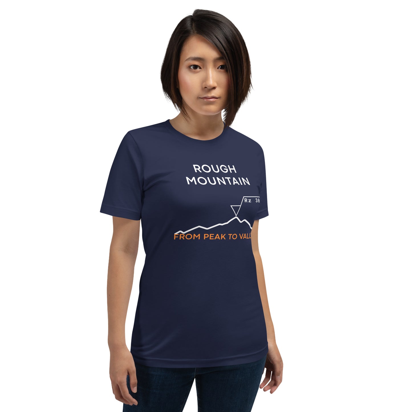 Woman in navy tee featuring an Rz 300 surface profile mountain graphic and "Peak to Valley" text.