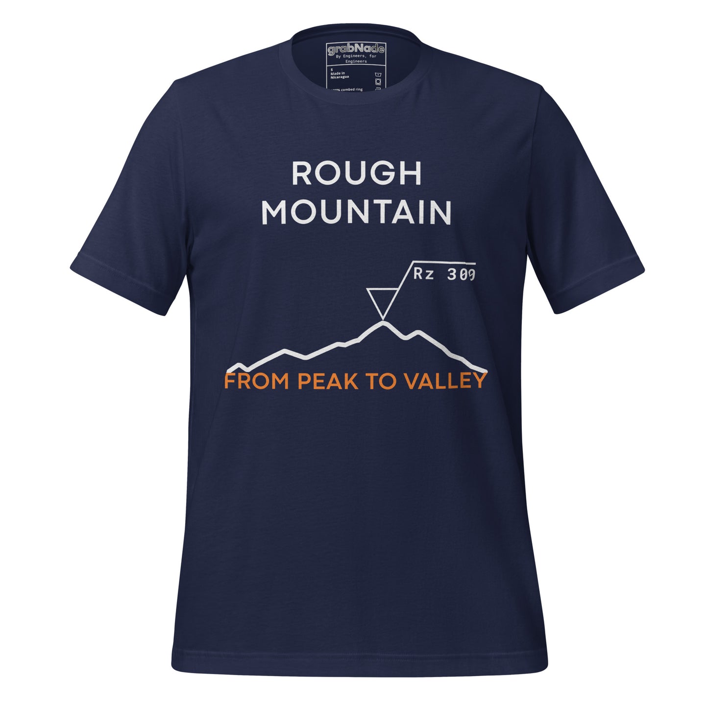 Navy t-shirt featuring an Rz 300 surface profile mountain graphic and "Peak to Valley" text.