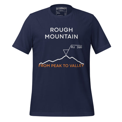 Navy t-shirt featuring an Rz 300 surface profile mountain graphic and "Peak to Valley" text.