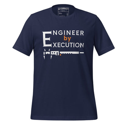 Navy premium Combed ring-spun cotton t-shirt with “Engineer by Execution” text with a caliper.