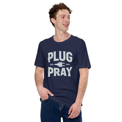 Man in navy T-shirt with ‘Plug Pray’ text and plug icon for electrical engineers