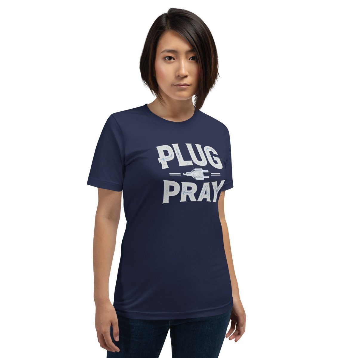 Woman in navy T-shirt with ‘Plug Pray’ text and plug icon for electrical engineers