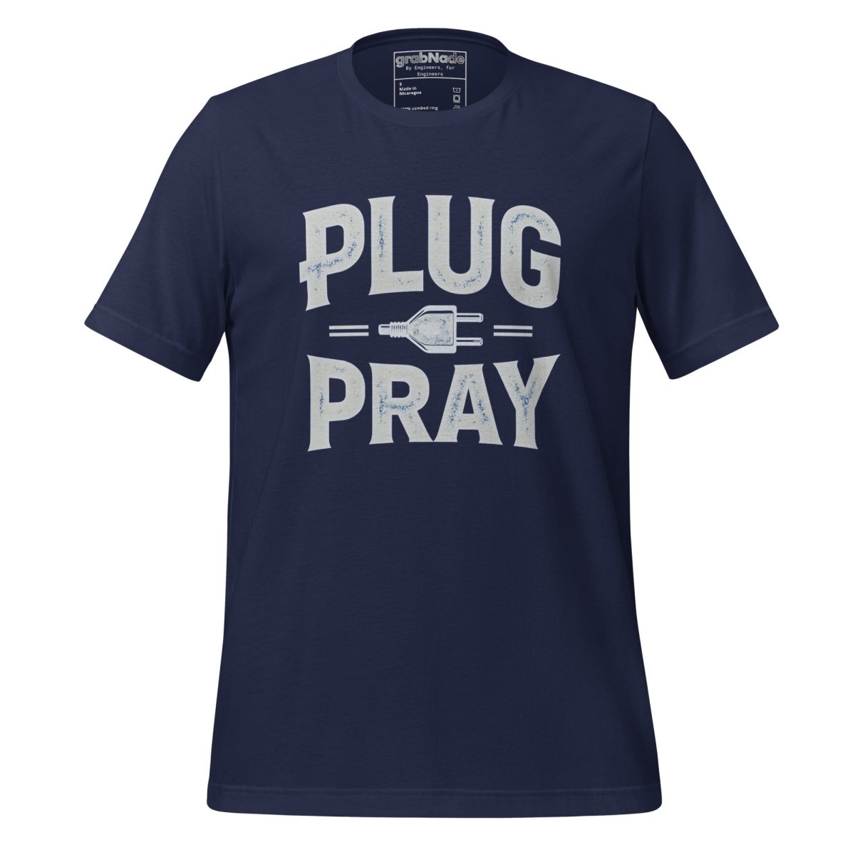 Navy T-shirt with ‘Plug Pray’ text and plug icon for electrical engineers