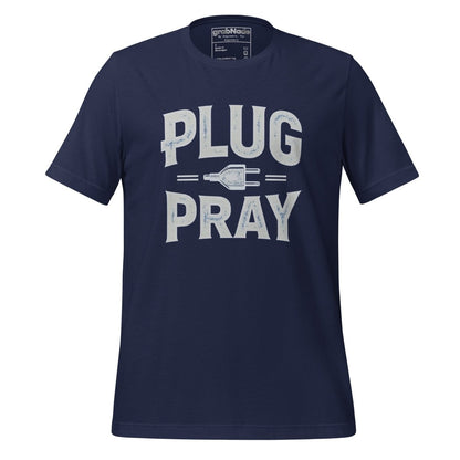 Navy T-shirt with ‘Plug Pray’ text and plug icon for electrical engineers