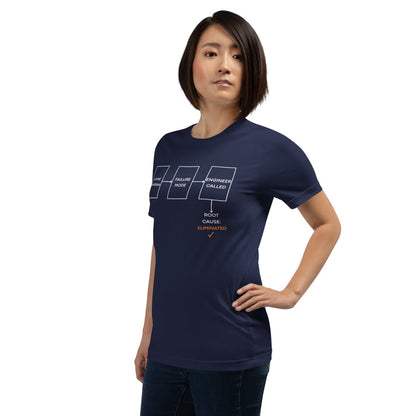 Woman in navy t-shirt featuring failure mode flowchart ending "ROOT CAUSE: ELIMINATED ✓".