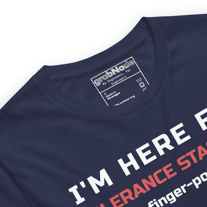 Close up of navy premium t-shirt featuring tolerance stack-ups with orange and white typography. For manufacturing and mechanical engineers